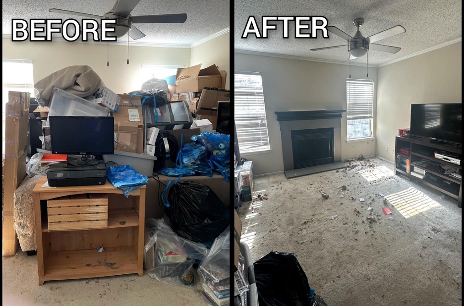 Cluttered living room full of boxes, electronics, and bags in the "Before" photo, transformed into a clean, empty space with visible flooring and natural light in the "After" photo—showcasing a professional hoarding clean-out service.